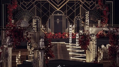 以Art Deco艺术风格为灵感，创造了这场与众不同的黑金色系婚礼