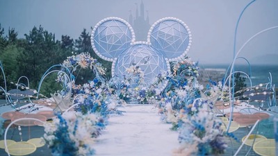 以天空蓝作为主色调，一场奇幻的迪士尼乐园主题婚礼