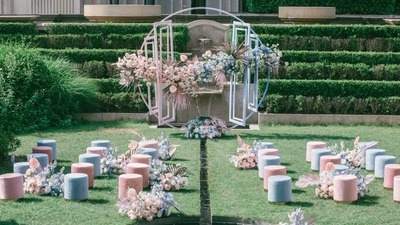 梦幻风与欧式格调相融合的粉蓝色系户外婚礼